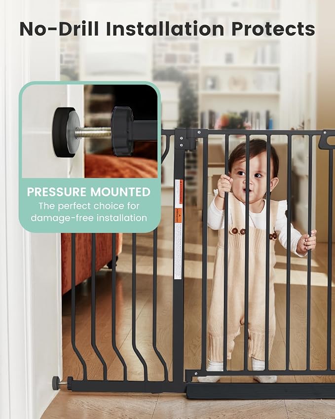 Mom's Choice-GROWNSY Baby Gate for Stairs, 30.5"-48.4" Pressure Mounted Baby Gate for Top of Stair&Doorway with Y-Spindle Rods, Anti-Trip Pedal, Wide Stairs Dog Gate Easy Install w/Red Reminder,Black