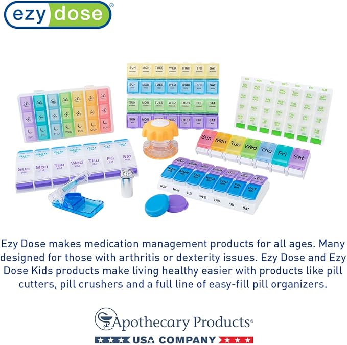 EZY DOSE Push Button (7-Day) Pill Case, Medicine Planner, Vitamin Organizer, 2 Times a Day AM/PM, Removable Trays, Large Compartments, Arthritis Friendly, Spring Open Black and White Lids, BPA Free
