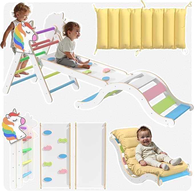 Pikler Triangle Set with Cushion, 9 in 1 Toddler Climbing Toys Indoor, Montessori Foldable Wooden Climbing Toys for Toddlers 1-3 Inside，Pikler Triangle Set Jungle Gyms Playground for Children