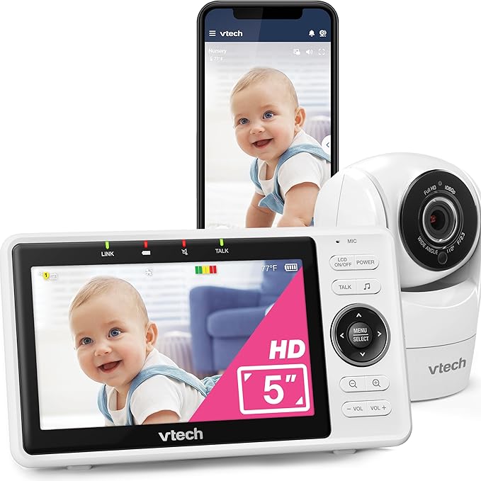 VTech Upgraded Smart WiFi Baby Monitor, 1080p FHD Camera and 5" HD IPS Display, Free App with Motion Video, Sound/Motion Detection and Notifications, Fully Remote Pan-Tilt-Zoom: VM901