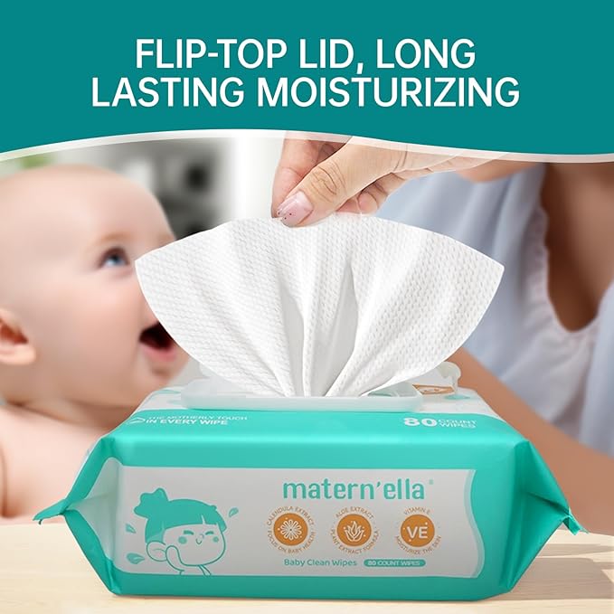 MATERN'ELLA Baby Wipes, Diaper Wipe for Sensitive Skin, 99% Water Based, Hypoallergenic, Unscented & Alcohol-free 3 Flip-Top Packs (240 Wipes Total)