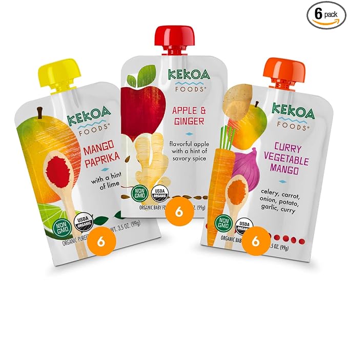 Kekoa Foods 100% USDA Certified-Organic Vegetarian Baby Food Puree Variety Pack: 3.5 oz Squeeze Pouches | Apple & Ginger, Mango Paprika, Curry Vegetable Mango | No Added Sugar or Salt | Nutrient-Rich