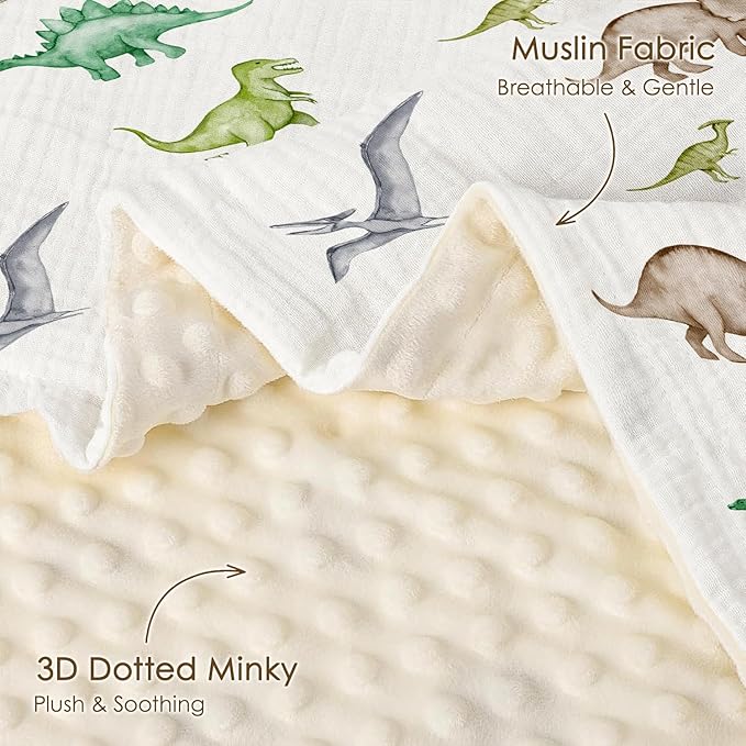 Dinosaur Baby Blankets for Boys, Newborn, Soft Nursery Minky Blankets with Muslin and Dotted Fleece Back 30x40 inches, Receiving Bed Quilt for Infants, Toddlers