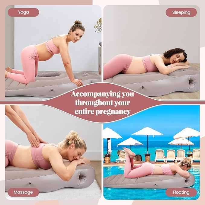 Inflatable Pregnancy Pillow for Pregnant Women - Maternity Mattress with Belly & Head Hole, Relieves Back & Hip Pain, Portable with Electric Pump, Gray