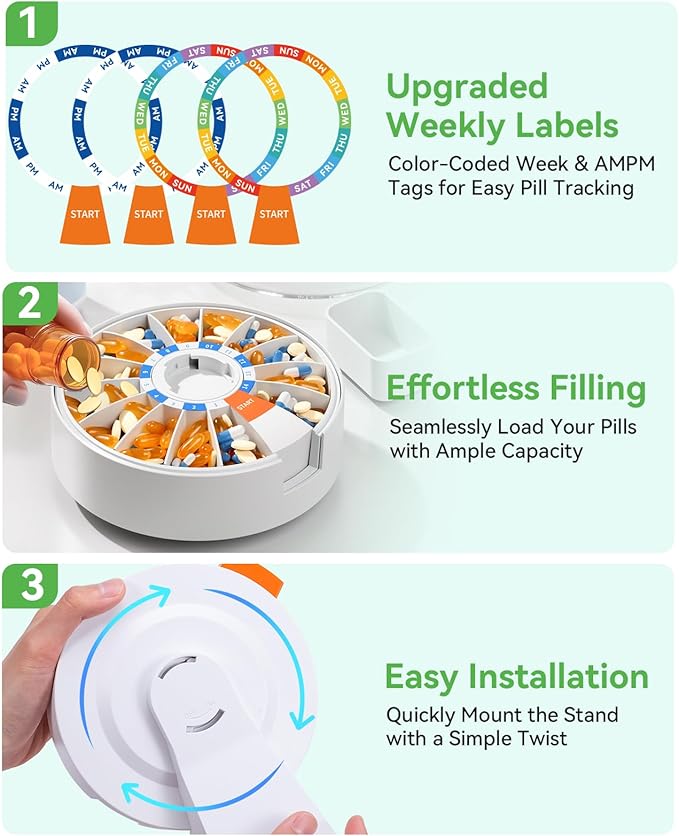 Daviky Pill Dispenser Daily, Large Pill Organizer with Wall-Mounted or Standing Use, 14 Days Pill Box, Push Button Design, Weekly Pill Organizer for Vitamin, Medicine.Supplement, Fish Oil