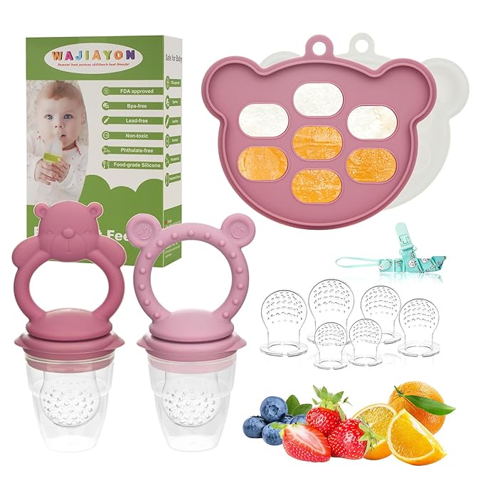 WAJIAYON Baby Breastmilk Popsicle Molds & Baby Fruit Feeder (4 Pack), Infant Food Freezer Tray Storage Containers, Silicone Teething Pacifier Feeder and Teether for Babies,Moss and Fawn Feeder(Pink)