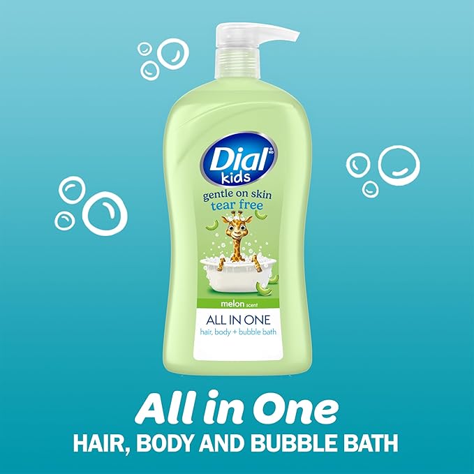 Dial Kids All-in-1 Body Wash + Hair + Bubble Bath, Melon Scent, 32 Fl Oz, Hypoallergenic Body Wash & Shampoo, No Tears Formula for Kids 2+ Years, No Parabens & Silicones