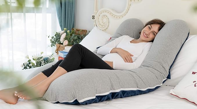Meiz Pregnancy Pillow, Cooling Pregnancy Pillows for Sleeping, Full Body Pregnancy Pillow with Reversible Cooling Jersey Cover & Velvet Cover, Blue & Grey