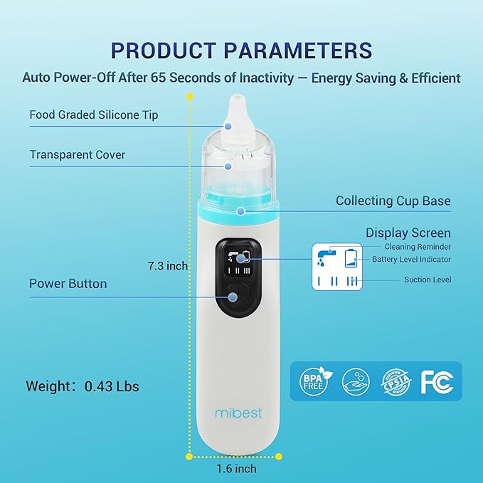 Mibest Nasal Aspirator for Baby - Electric Nose Suction for Baby - Booger Sucker for Toddlers - Electric Baby Nose Sucker with Anti-Backflow Patent - Ergonomic & Quiet - Waterproof Baby Nose Cleaner