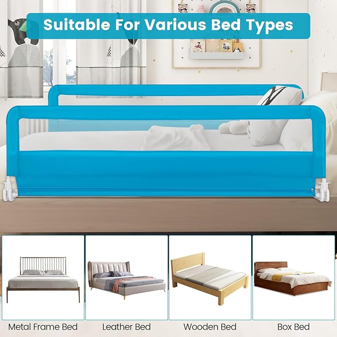 HONEY JOY Bed Rail for Toddlers, 71-in Extra Long, Portable Safety Bed Guardrail w/Double Safety Child Lock, Foldable Baby Bed Rail Guard, Fit King & Queen Full Twin Size Bed Mattress(Blue, Pack 1)