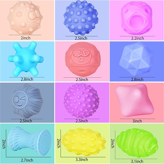 12 Pcs Sensory Balls for Toddlers, Sensory Baby Toys, Montessori Toy for Babies Squeeze, Infant Toys Soft Multi Ball Set Gifts with Bright Color Textured