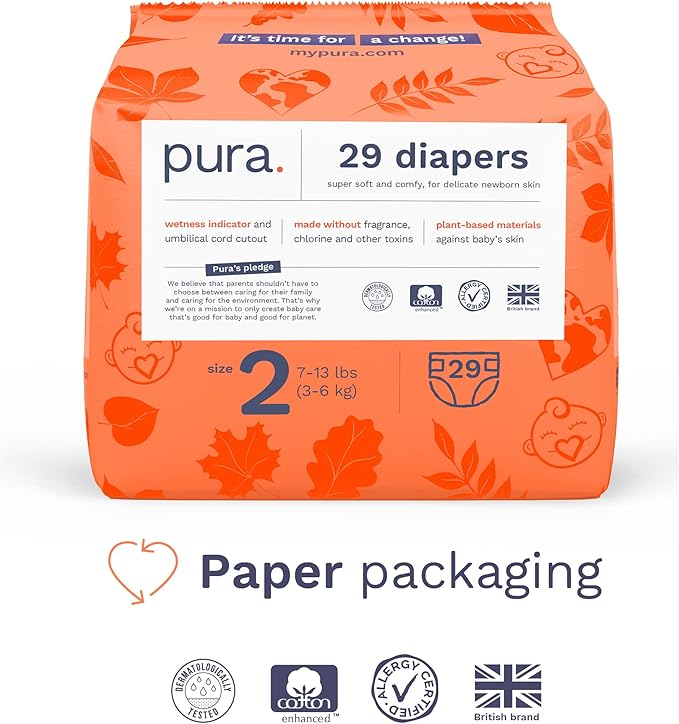 Pura Hypoallergenic Diapers, Size 2 (7-13 lbs) Totally Chlorine Free, Wetness Indicator, Suitable for Sensitive Skin, Soft Organic Cotton Comfort, Overnight, 1 Pack of 29 Baby Diapers