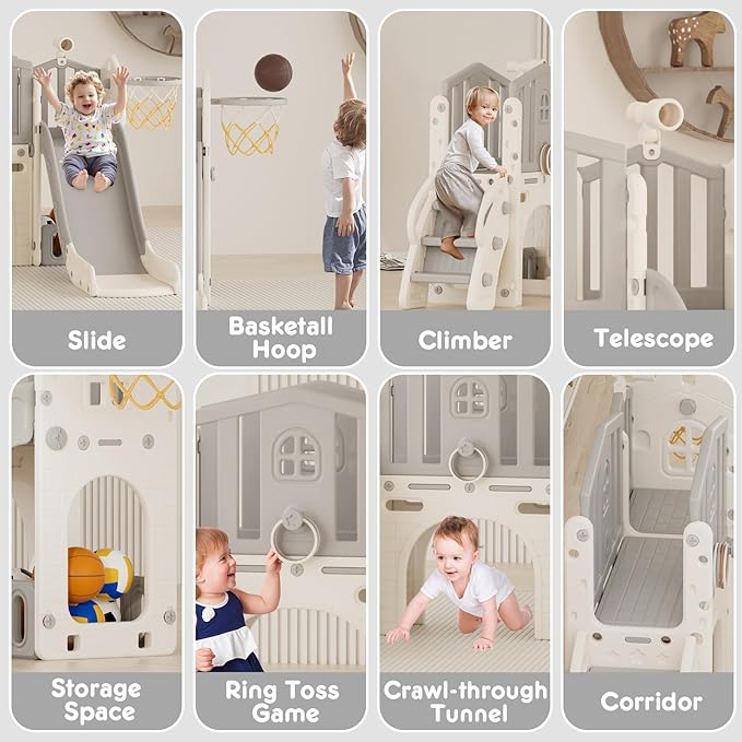 YUFU 8 in 1 Toddler Slide Set, Kids Slide for Toddlers Age 1-3, Toddler Playset with Climber, Basketball Hoop and Ball, Outdoor Indoor Playground for Toddlers 1-3 (Beige+Gray)