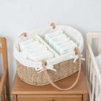 Handwoven Wicker Diaper Caddy Organizer, Multi - functional Baby Diaper Bag for Nursery & Home Storage, Detachable Lining, PU Handles, Baby Registry Must Haves (Seagrass)