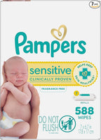 Pampers Baby Wipes Sensitive, Water Based Wipes, Hypoallergenic and Unscented for Babies, 588 Wipes Total (7 Refill Packs)