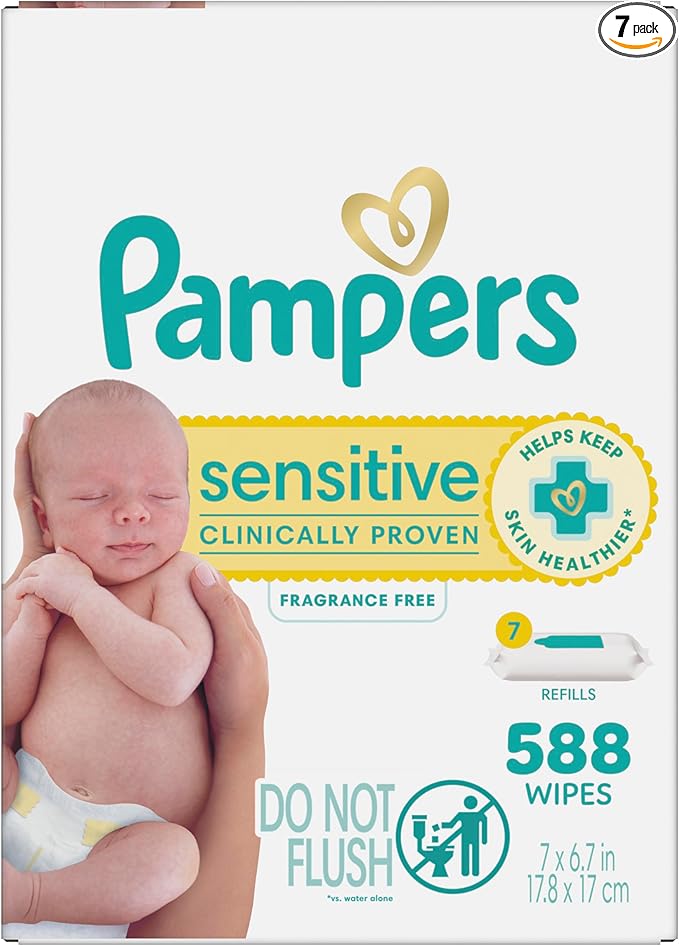 Pampers Baby Wipes Sensitive, Water Based Wipes, Hypoallergenic and Unscented for Babies, 588 Wipes Total (7 Refill Packs)