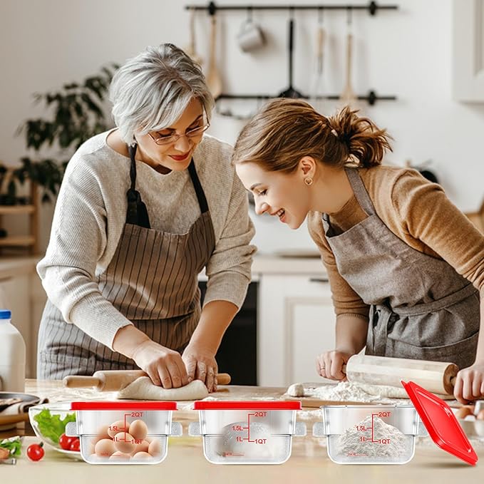 6 pcs 2qt Food Storage Containers with Lid, Square Clear Commercial Food Storage Containers with Handle and Scale for Food Storage in Home Kitchen & Dining (Red)