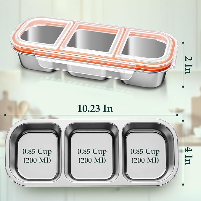 QCQHDU Snack Containers, Reusable Stainless Steel 3 Compartment Condiment Metal Bento Lunch Box with Lids, Divided Snack Food Storage Lunchable Containers for Home, Work, Travel, Camping, 3 Pack