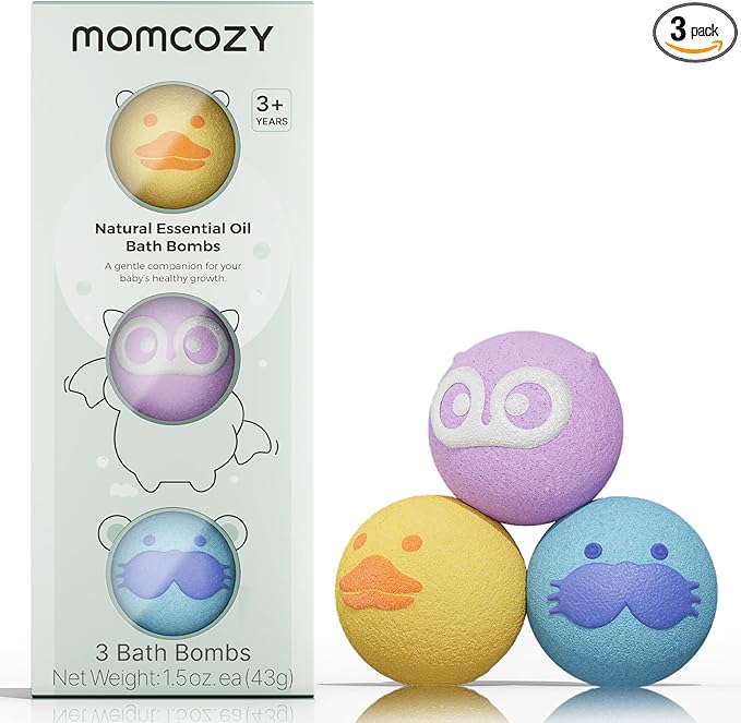 Momcozy Natural Essential Oil Bath Bombs,3 Pcs Bubble Bath Fizzy Balls with 3 Cute Animal Shapes,Bath Bombs Gift Set for Kids Girls Boys Toddler, Ideal Gift for Birthday, Bath Bomb Kit
