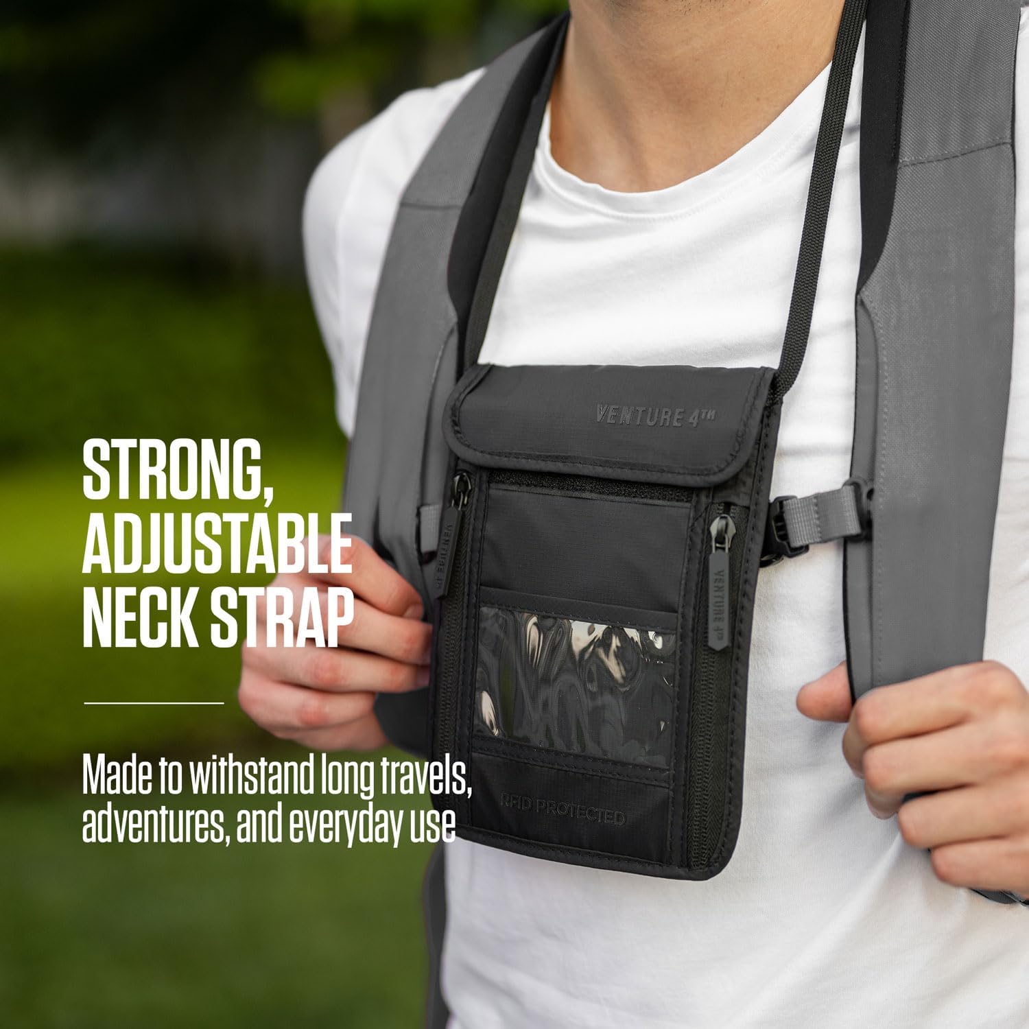 VENTURE 4TH Passport Holder Neck Wallet with RFID Blocking Nylon Lining - Hidden Neck Pouch for Travel (Sleek Silver)