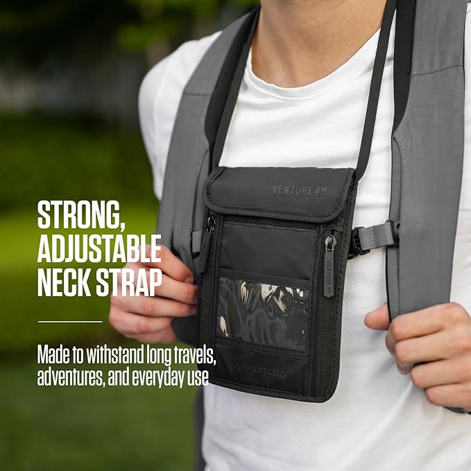 VENTURE 4TH Passport Holder Neck Wallet with RFID Blocking Nylon Lining - Hidden Neck Pouch for Travel (Sleek Beige)