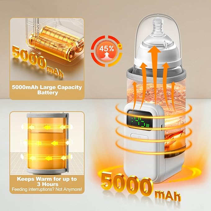 Portable Bottle Warmer - Travel-Easy,Fast Warming,6-Speed Temperature Control,Comfortsble Baby Feeding On-The-go,Battery-Powered Waterless Milk Warmer