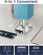 Touch Bedside Table Lamp for Nightstand - 3-Way Dimmable Night Lamp with USB A + Type C Charging Ports and Two AC Outlets, Small Desk Light with E26 Bulb for Bedroom Living Room Dorm, Turquoise