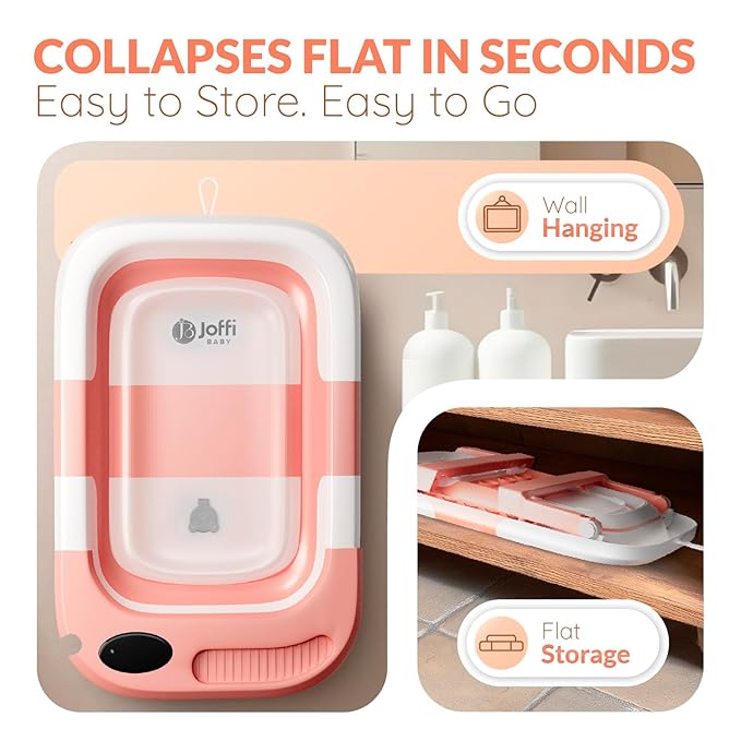 Collapsible Bathtub Baby for Infants & Newborns w/Thermometer, Drain Plug with Heat Sensor & Scoop – Compact Travel Baby Bath Space-Saving Bath for Travel, Shower & Small Bathrooms