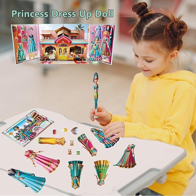 Yuzee Paper Dolls Stickers - Magnetic Dress Up Dolls for Girls - Toddler Travel Toys - 1 Paper Doll and 33 Clothing Accessories with 3D Magnetic Game Scene, Foster Creativity and Imagination