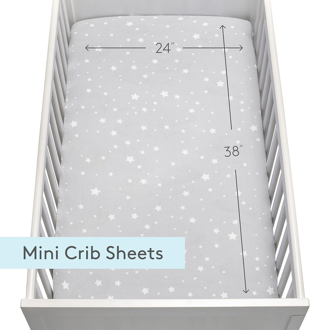 Newton Baby Fitted Mini Crib Sheets (2-Pack) | Organic Muslin Cotton, Breathable & Soft Baby Sheets, Washable Baby Mattress Sheets, Fits Any Mini Sized Crib 24" x 38", Stardust Twilight Grey + White