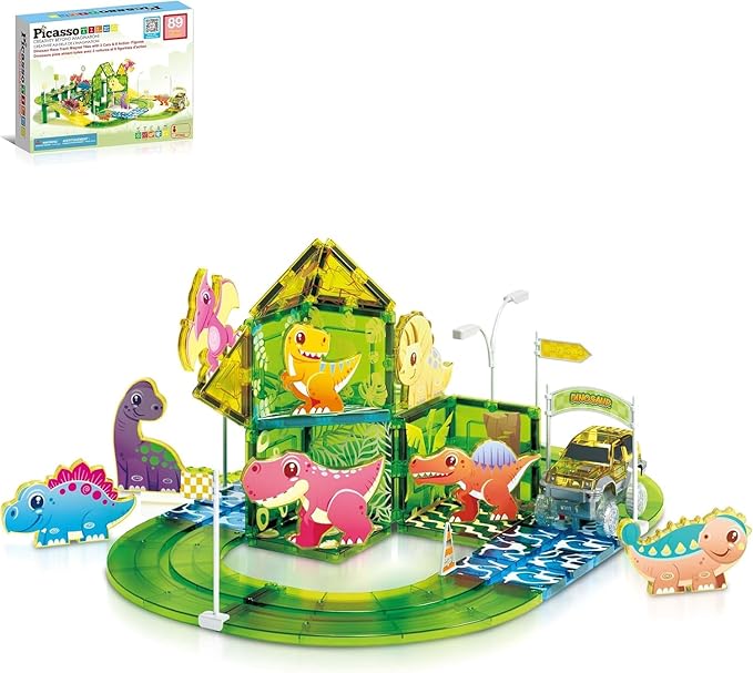 PicassoTiles Dinosaur Magnetic Tiles Racecar Track with 8 Magnet Tile Dino Toys 2 Cars Street Sign Accessory Kit Construction Building Blocks Educational Picasso Toy for Kids Ages 3 and up PTR02