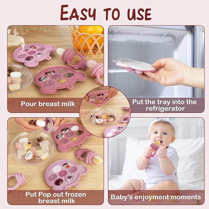 WAJIAYON Baby Breastmilk Popsicle Molds & Baby Fruit Feeder (2 Pack), Infant Food Freezer Tray Storage Containers, Silicone Teething Pacifier Feeder and Teether for Babies - Blush