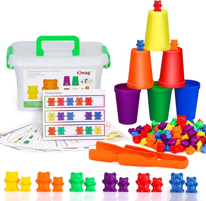 Bmag Counting Bears with Matching Sorting Cups,Number Color Recognition STEM Educational Toy for Toddler, Pre-School Learning Toy with 90 Bears,2 Tweezers,11 Activity Cards,1 Storage Box
