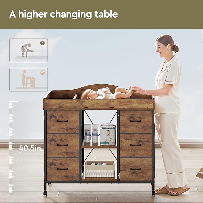 Changing Table, 6-Drawer Baby Dresser with Changing Table top,Waterproof Diaper Changing Station & Pad, 2 Height-Adjustable Open Storage Shelves, Mobile Nursery Organizer, Rustic Brown