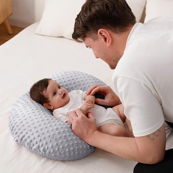 Baby Nursing Pillow and Body Positioner with Premium Slipcover for Breastfeeding for Baby Boys and Girls, Feeding Pillow with Breathable Comfortable Pillowcase (Gray)