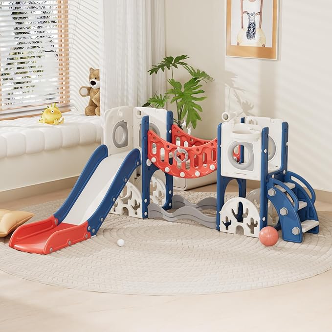 KORIMEFA 10 in 1 Toddler Slide Set, Kids Slide for Toddlers, Outdoor Indoor Playground for Toddlers 1-3, Toddler PlaySet with Basketball Hoop and Ball Golf Set, Climbing Arch(Red & Blue)