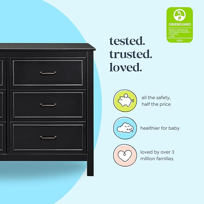 DaVinci Charlie 6-Drawer Baby Dresser - Wooden Double Chest of Drawers for Kids, Boys and Girls - Multi-Purpose Storage Dresser for Bedroom, Nursery, Living Room & Hallway, Easy to Assemble - Ebony