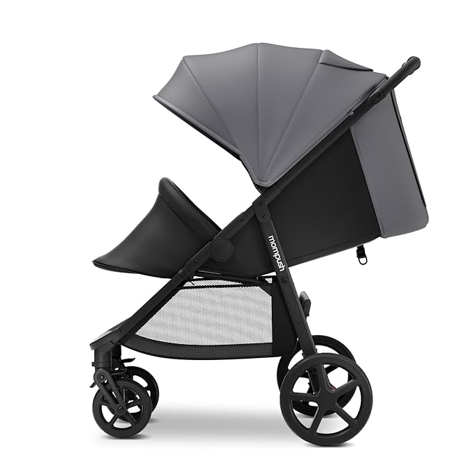 Mompush Nova Baby Stroller for Toddler, Infant & Newborn | Spacious Seat & Lie-Flat Mode | Compact One-Hand Fold, UPF 50+ Canopy & All-Wheel Suspension | Includes Rain Cover & Cup Holder, Grey