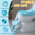 Potty Training Toilet Chair Seat with Step Stool Ladder for Kids and Toddler Boys Girls - Foldable Height Adjustable Children Toilet Training Seat with Safe Handles & Anti-Slip Pads, Blue-White