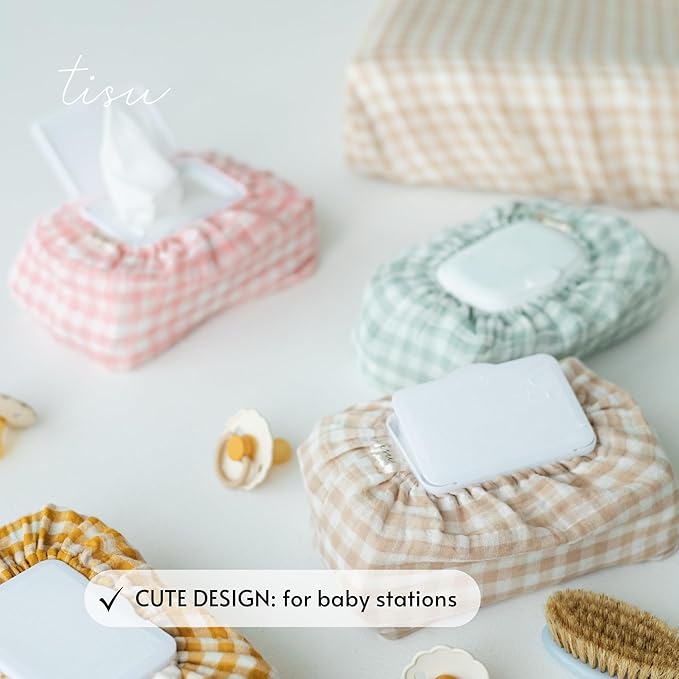 Baby Wipes Cover – Universal Size, One Size Fits All Wipes Packages | Muslin Cotton Tissue Cover for Nursery, Diaper Bag & Changing Table, Station | Gingham & Neutral Patterns (Beige Gingham)