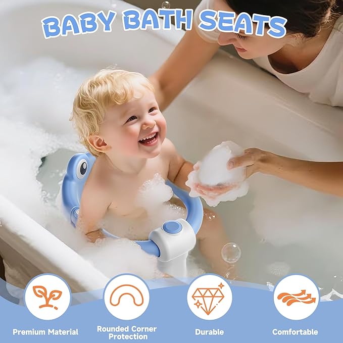 Baby Bath Seat for Babies 6 Months & Up - Toddler Bath Seats for Baby Sitting Up with 4 Suction Cups & Soft Cushion, Non-Slip Infants Shower Bathtub Chair for Newborn Boys, Blue