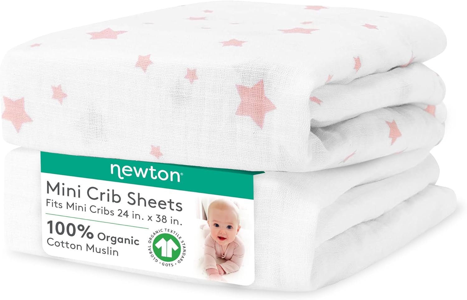 Newton Baby Mini Crib Fitted Sheets (2-Pack) | Organic Muslin Cotton, Breathable & Soft Baby Sheets, Machine Washable Baby Mattress Sheets, Fits Any Mini Sized Crib 24" x 38", Stardust Coral + White