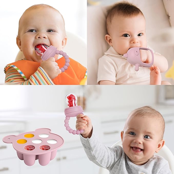 Baby Fruit Feeder & Breastmilk Popsicle Mold Set – 3 Pack Silicone Teething Relief Kit with Food Feeder Pacifier, Freezer Tray with Lid & Baby Teether Toy (Blush)