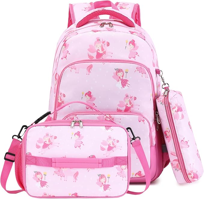 mygreen 3PCS Kids Backpack Set - Waterproof Bookbag with Lunch Box for Girls Ages 3-12, Adorable Cartoon Prints for School & Outdoor Use Pink Fairy Elf