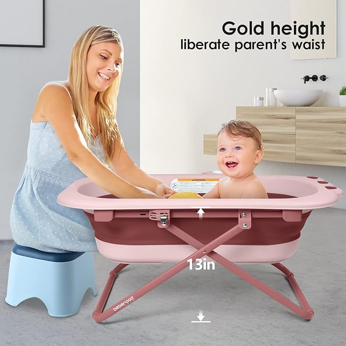 Beberoad Love Collapsible Baby Bathtub for Newborn to Toddler – Portable & Adjustable Infant Tub with Non-Slip Design, Space-Saving Bathtub for Travel & Home Use (Pink)