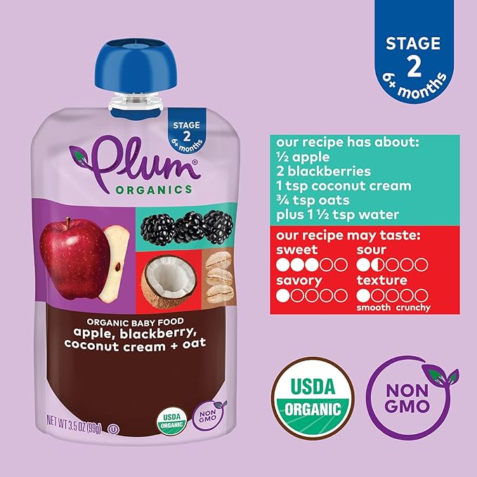 Plum Organics Stage 2 Organic Baby Food - Apple, Blackberry, Coconut Cream, and Oat - 3.5 oz Pouch (Pack of 12) - Organic Fruit and Vegetable Baby Food Pouch