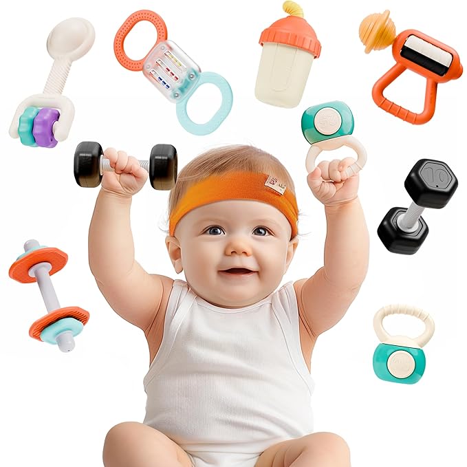 iPlay, iLearn Baby First Gym Rattle Set, Infant Dumbbell Weights Teething Rattles 3-6-12 Month, Newborn Workout Sensory Stroller Toy, Babies Birthday Shower Gift 5 7 8 9 10 Month Toddler Boy Girl-7PCS