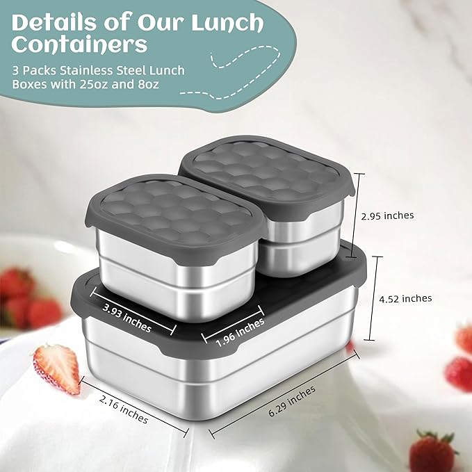 HaWare Stainless Steel Lunch Box for Kids, Leak Proof Food Storage Containers with Silicone Lids, Easy Open Bento Box for School and Daycare, Portable Metal Snack Box, Dishwasher Safe (8oz*2+25oz)