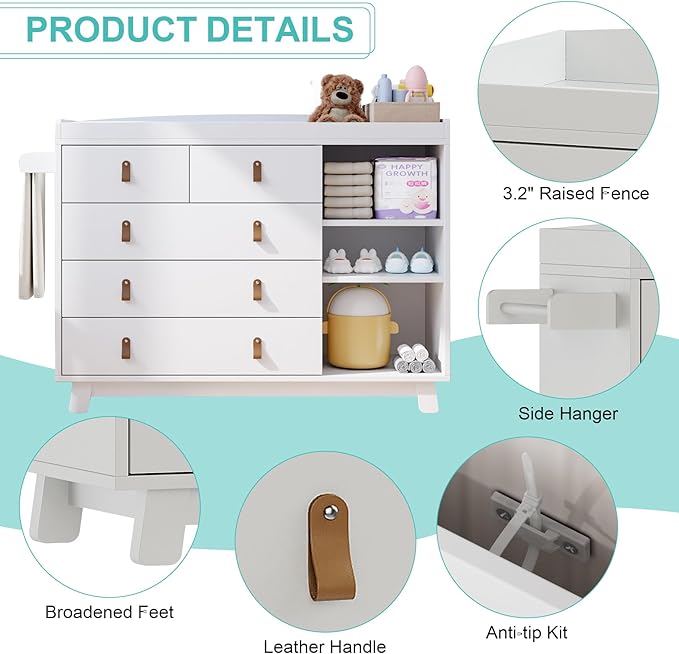 Baby Dresser with Changing Table Top, Nursery Dresser with 5 Drawers and Adjustable Shelves, Storage Organizer for Kids Bedroom, White
