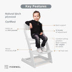 FORNEL Modern White Wooden High Chair | The Forever Chair That Grows from Toddler to Adult (200 lb) | Sleek, Easy-to-Clean Scandinavian Design
